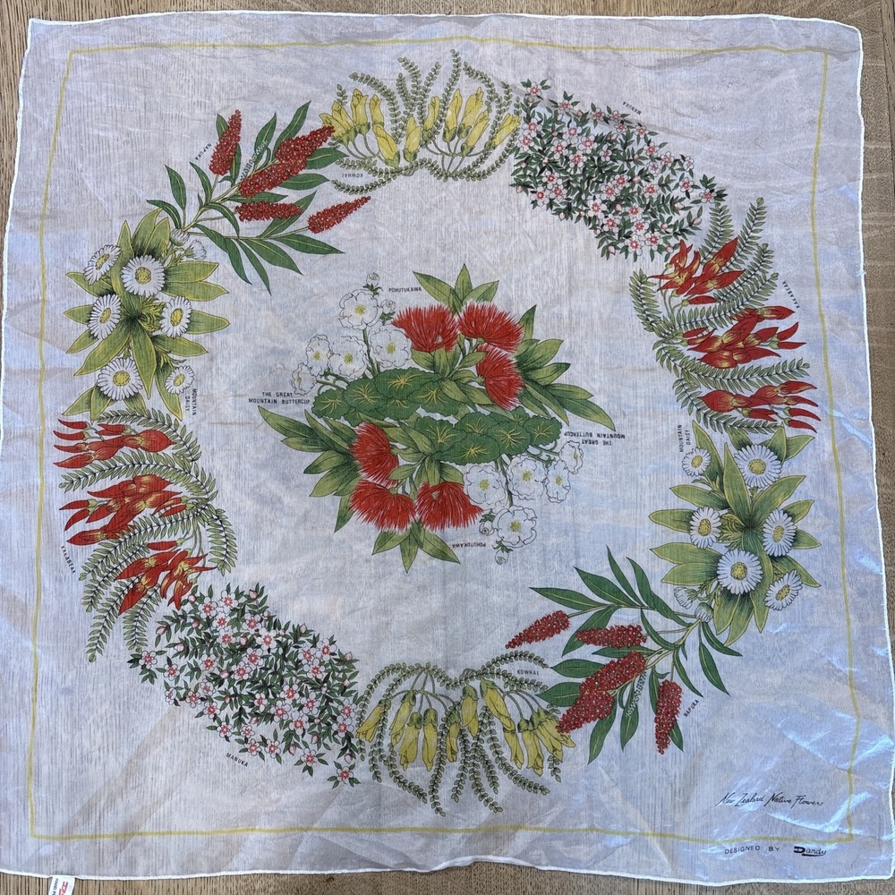 Vintage Dandy Hand Printed New Zealand Native Flowers Scarf 26.5"x26.5"